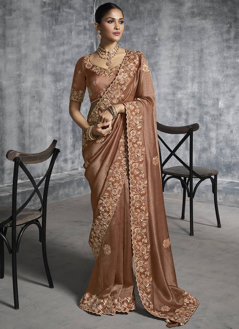 brown embroidered wedding wear saree