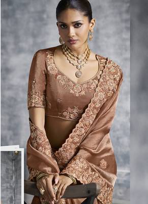 brown embroidered wedding wear saree 2