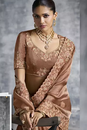 brown embroidered wedding wear saree