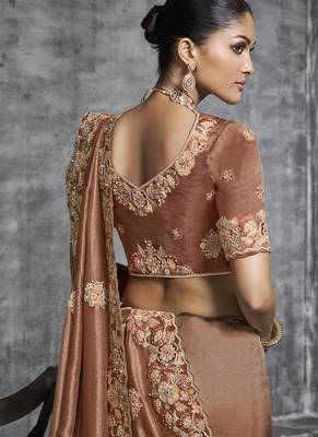 brown embroidered wedding wear saree 3