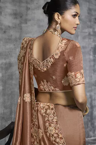 brown embroidered wedding wear saree