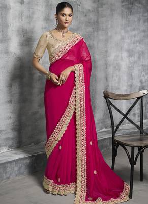 Red silk embroidered wedding wear saree 1