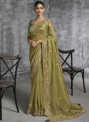 Mehndi silk embroidered wedding wear saree 1
