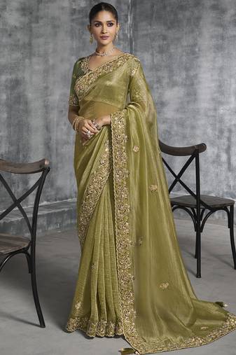Mehndi  silk embroidered wedding wear saree