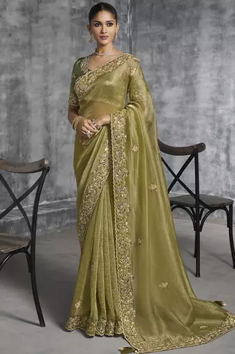 Mehndi  silk embroidered wedding wear saree