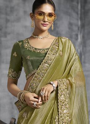 Mehndi silk embroidered wedding wear saree 2