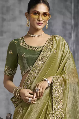 Mehndi silk embroidered wedding wear saree