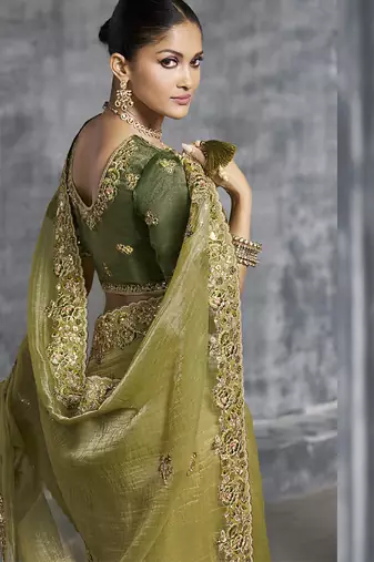 Mehndi silk embroidered wedding wear saree