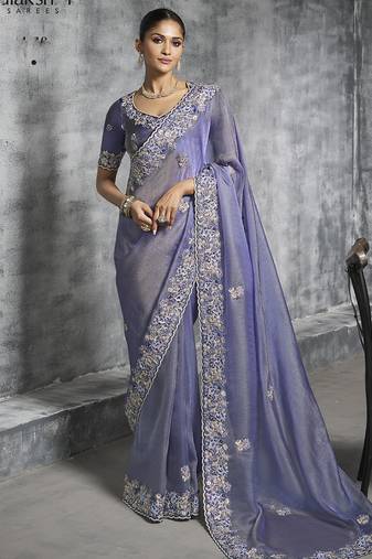 Lavender silk embroidered wedding wear saree
