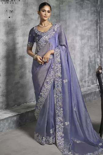 Lavender silk embroidered wedding wear saree