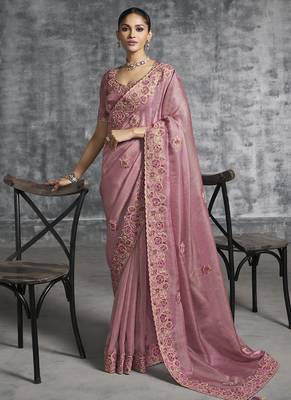 Peach embroidered wedding wear saree 1