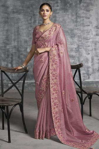 Peach embroidered wedding wear saree