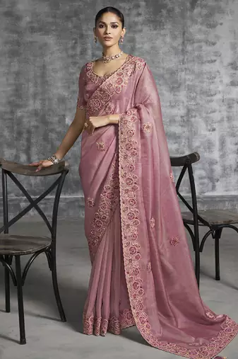 Peach embroidered wedding wear saree