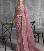 Peach embroidered wedding wear saree