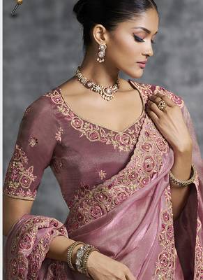 Peach embroidered wedding wear saree 2