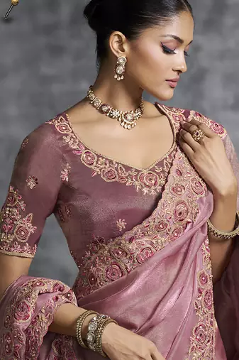 Peach embroidered wedding wear saree