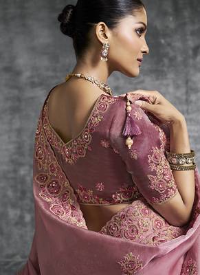 Peach embroidered wedding wear saree 3