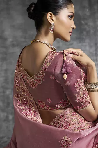 Peach embroidered wedding wear saree