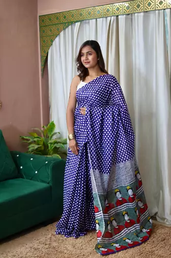 purple soft mulmul cotton printed fancy saree with blouse