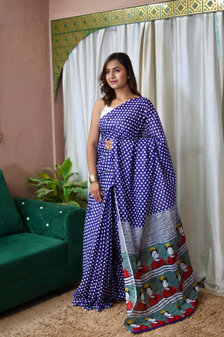purple soft mulmul cotton printed fancy saree with blouse