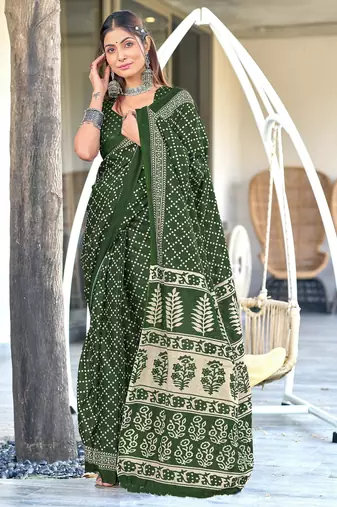 dark green soft cotton printed fancy saree with blouse