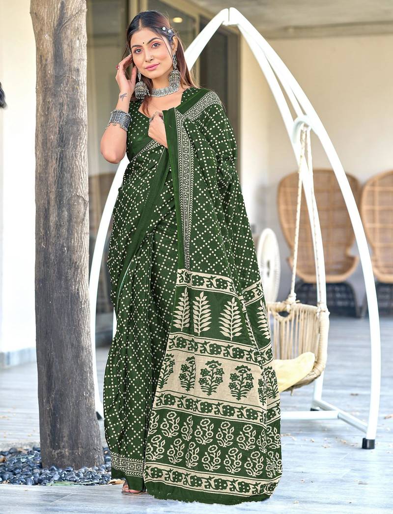 dark green soft cotton printed fancy saree with blouse