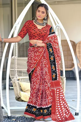 maroon soft cotton printed fancy saree with blouse