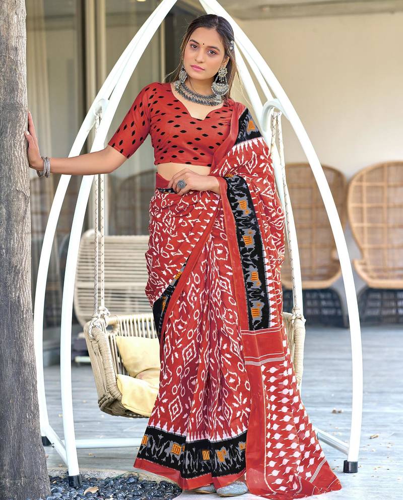 maroon soft cotton printed fancy saree with blouse