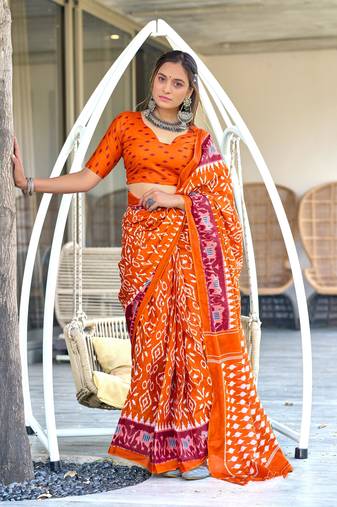 orange soft cotton printed fancy saree with blouse
