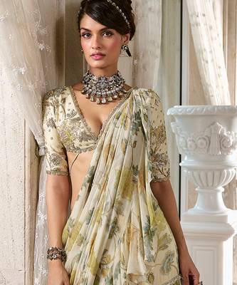 Ivory floral printed chiffon saree 1