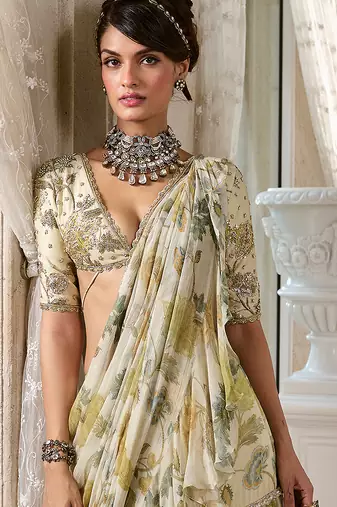 Ivory floral printed chiffon saree