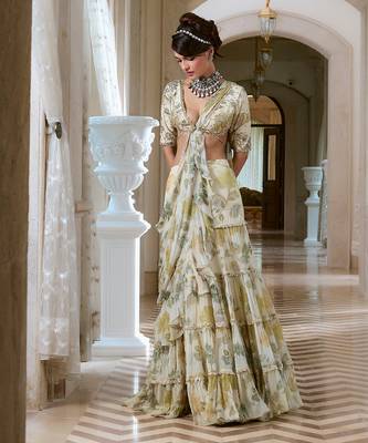 Ivory floral printed chiffon saree 2