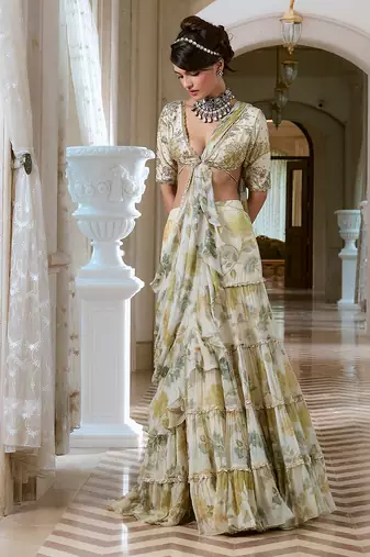 Ivory floral printed chiffon saree