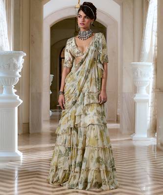 Ivory floral printed chiffon saree 3