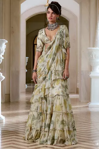 Ivory floral printed chiffon saree