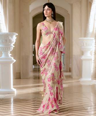 Pink embroidered georgette saree 1