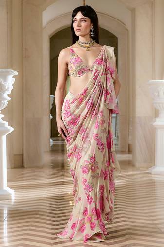 Pink embroidered georgette saree