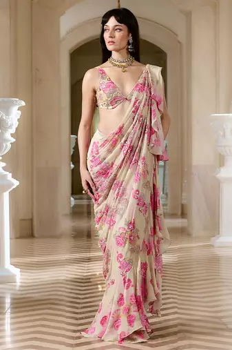 Pink embroidered georgette saree