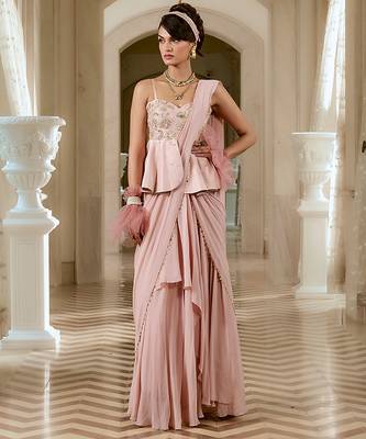 Pink embroidered georgette saree 1