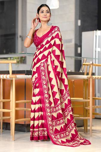 pink soft cotton printed fancy saree with blouse