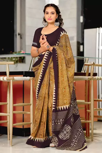 mustard mulmul cotton printed fancy saree with blouse