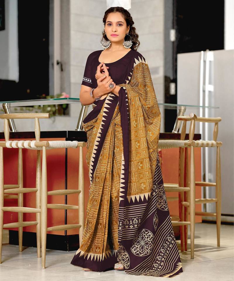 mustard mulmul cotton printed fancy saree with blouse