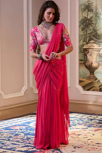 Pink embroidered chiffon saree