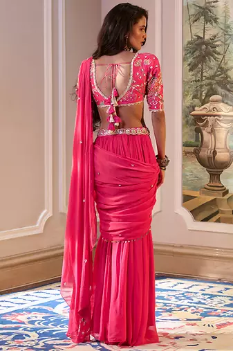 Pink embroidered chiffon saree