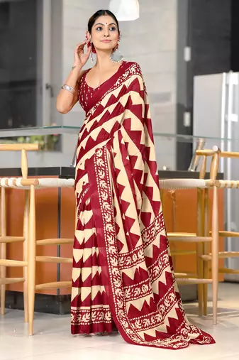 red soft cotton printed fancy saree with blouse