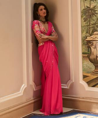 Pink embroidered chiffon saree 4