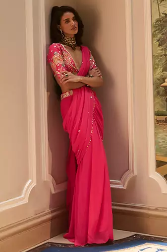 Pink embroidered chiffon saree