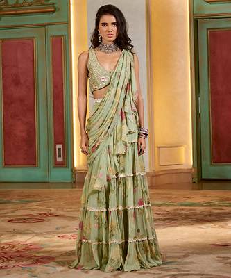 Green floral printed chiffon saree 1