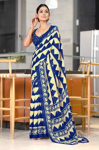 blue soft cotton printed fancy saree with blouse