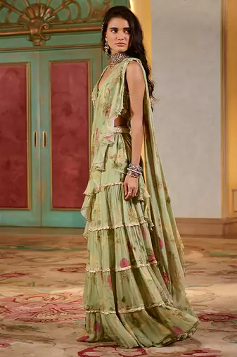 Green floral printed chiffon saree